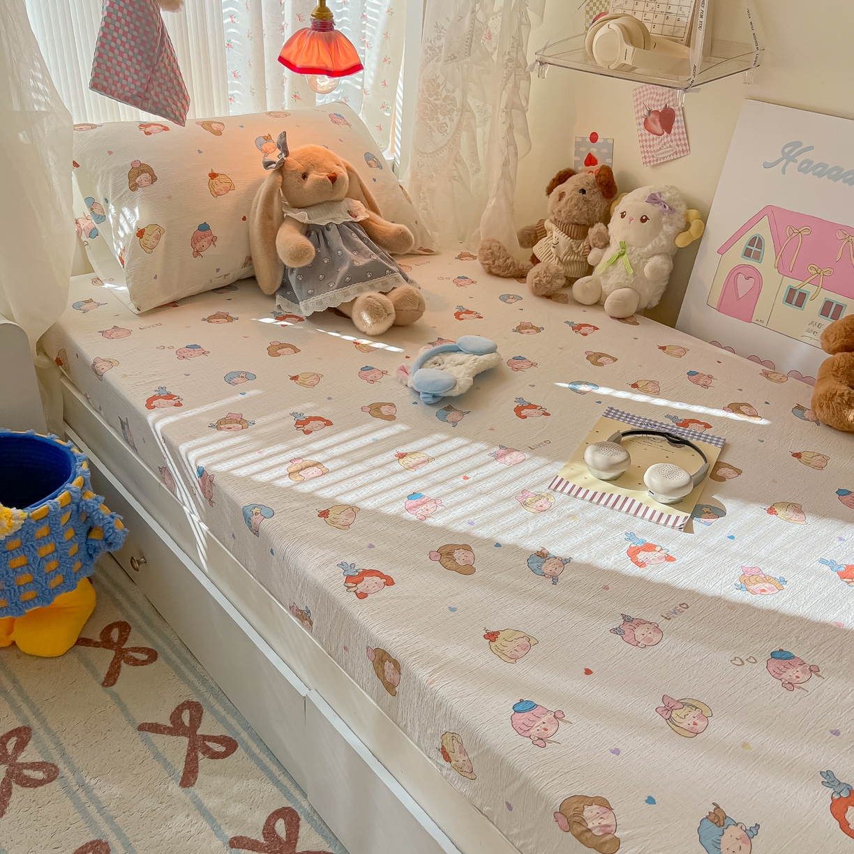 91家纺网 家纺一手货源 找家纺 韩巢家纺 2025新款A类学生宿舍上下铺床笠单件床垫保护罩枕套三件套 童话女孩