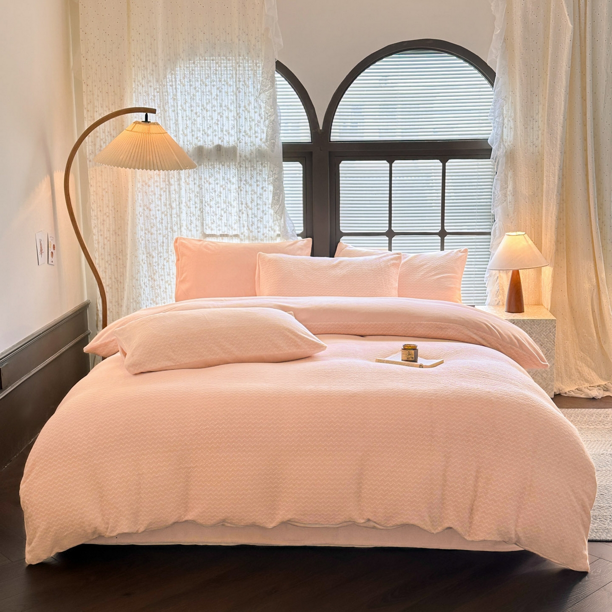 91家纺网 家纺一手货源 找家纺 蓝极人 2025新款色织阳离子提花牛奶绒四件套 色织-桃粉