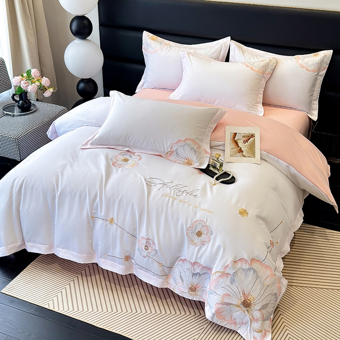 91家纺网 家纺一手货源 找家纺 慕语家纺 2025新款亲肤棉刺绣四件套系列--维纳斯（专版花型） 维纳斯--白桃