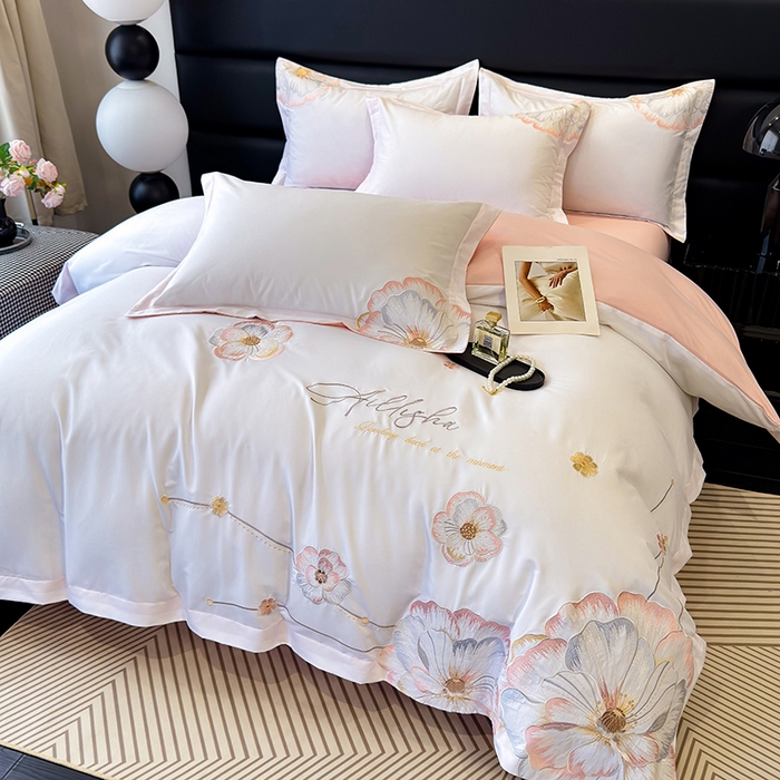 91家纺网 家纺一手货源 找家纺 慕语家纺 2025新款亲肤棉刺绣四件套系列--维纳斯（专版花型） 维纳斯--白桃