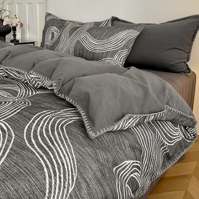 91家纺网 家纺一手货源 找家纺 忆生活 2025秋冬全棉加厚磨毛贝壳边四件套野渡-灰