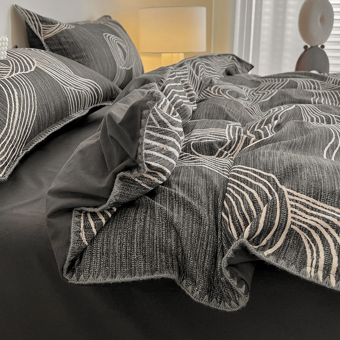 91家纺网 家纺一手货源 找家纺 忆生活 2025秋冬全棉加厚磨毛贝壳边四件套野渡-灰