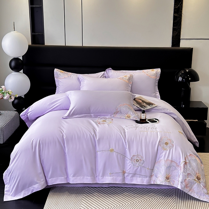 91家纺网 家纺一手货源 找家纺 慕语家纺 2025新款亲肤棉刺绣四件套系列--维纳斯（专版花型） 维纳斯--兰香紫