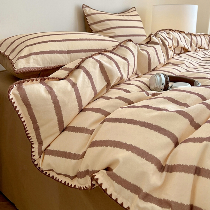 91家纺网 家纺一手货源 找家纺 忆生活 2025秋冬全棉加厚磨毛贝壳边四件套知简-咖