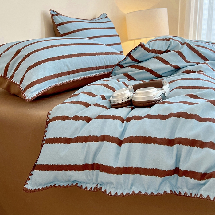 91家纺网 家纺一手货源 找家纺 忆生活 2025秋冬全棉加厚磨毛贝壳边四件套知简-蓝