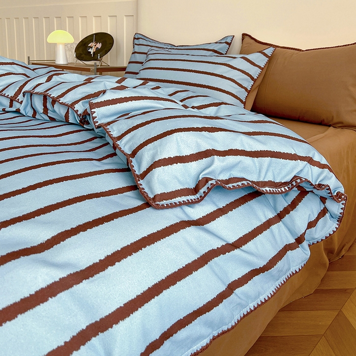 91家纺网 家纺一手货源 找家纺 忆生活 2025秋冬全棉加厚磨毛贝壳边四件套知简-蓝