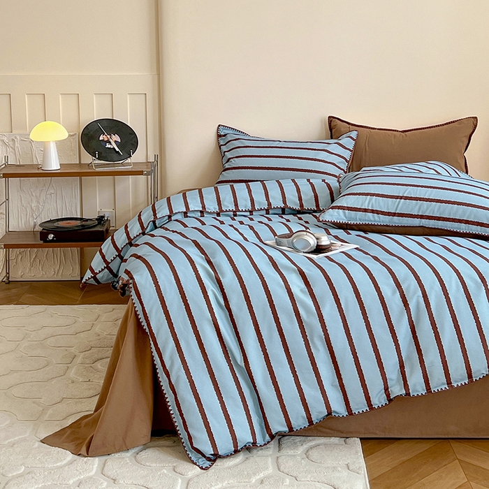 91家纺网 家纺一手货源 找家纺 忆生活 2025秋冬全棉加厚磨毛贝壳边四件套知简-蓝