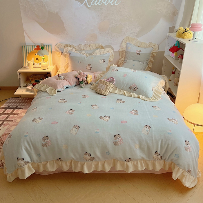 桃子家居 2025新款A类ins韩版花边少女心可爱卡通碎花加厚牛奶绒四件套 绒-花边甜甜布偶猫蓝