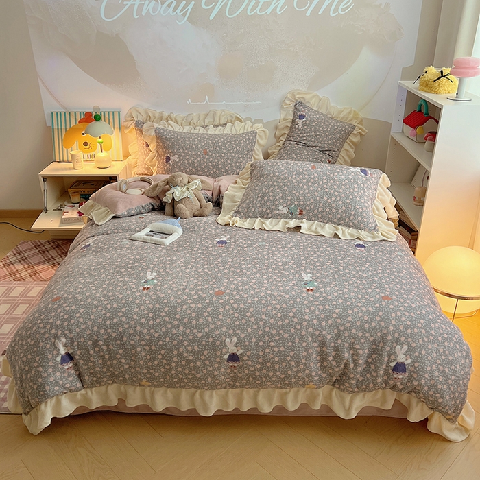 桃子家居 2025新款A类ins韩版花边少女心可爱卡通碎花加厚牛奶绒四件套 绒-花边甜甜小兔