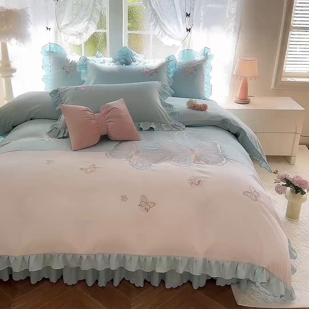 91家纺网 家纺一手货源 找家纺 慕语家纺 2025新款软糯亲肤贴布绣公主风四件套系列--瑞丽（专版花型） 瑞丽--水绿