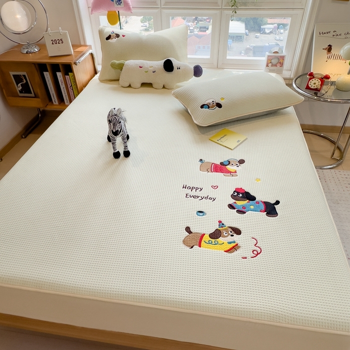 91家纺网 家纺一手货源 找家纺 莱家富 2025新款A类华夫格夹棉床笠单品床笠单件床笠套件 开心小狗-淡雅黄