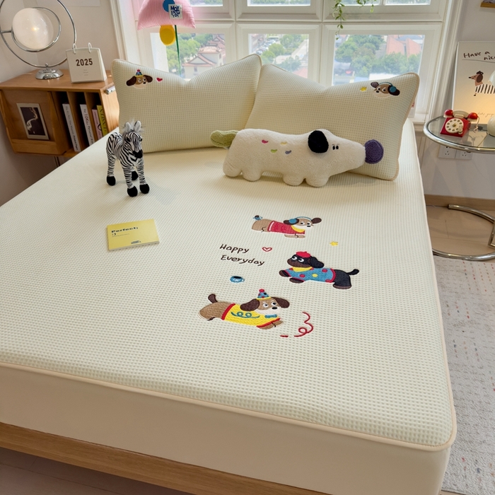 91家纺网 家纺一手货源 找家纺 莱家富 2025新款A类华夫格夹棉床笠单品床笠单件床笠套件 开心小狗-淡雅黄