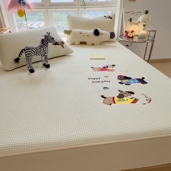 91家纺网 家纺一手货源 找家纺 莱家富 2025新款A类华夫格夹棉床笠单品床笠单件床笠套件 开心小狗-淡雅黄