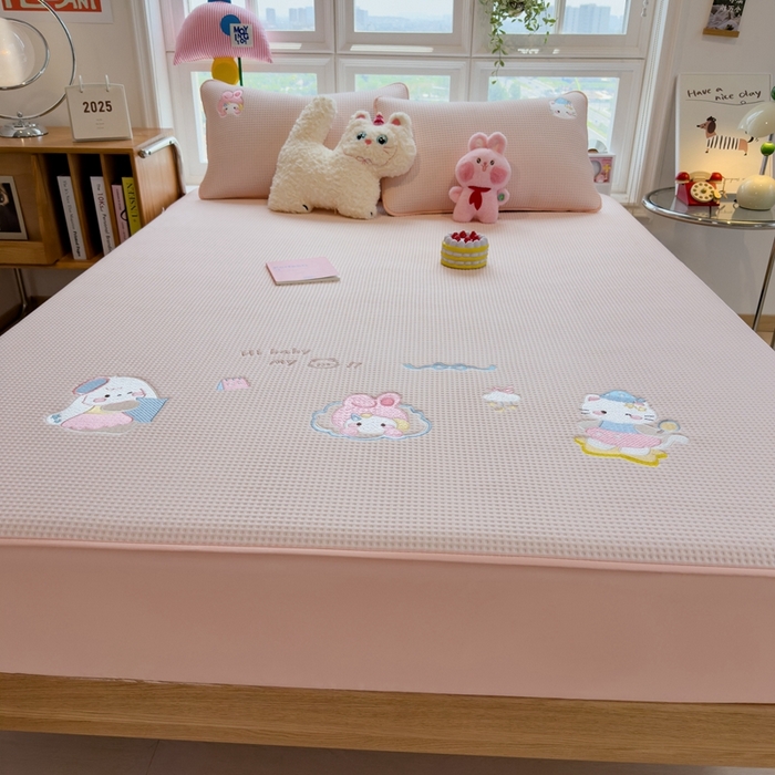 91家纺网 家纺一手货源 找家纺 莱家富 2025新款A类华夫格夹棉床笠单品床笠单件床笠套件 萌兔蒂-樱雾粉