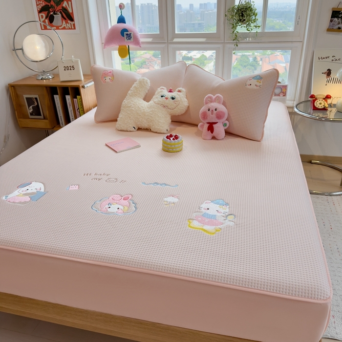 91家纺网 家纺一手货源 找家纺 莱家富 2025新款A类华夫格夹棉床笠单品床笠单件床笠套件 萌兔蒂-樱雾粉