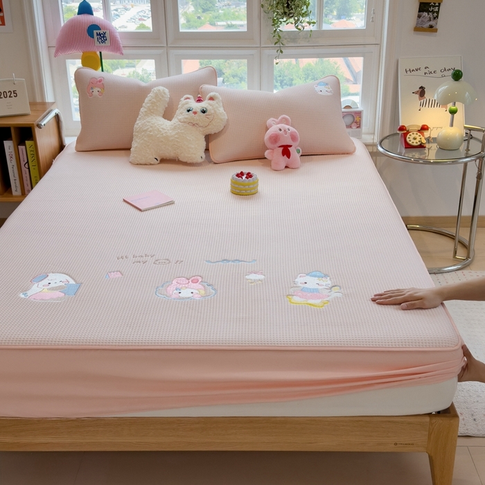 91家纺网 家纺一手货源 找家纺 莱家富 2025新款A类华夫格夹棉床笠单品床笠单件床笠套件 萌兔蒂-樱雾粉