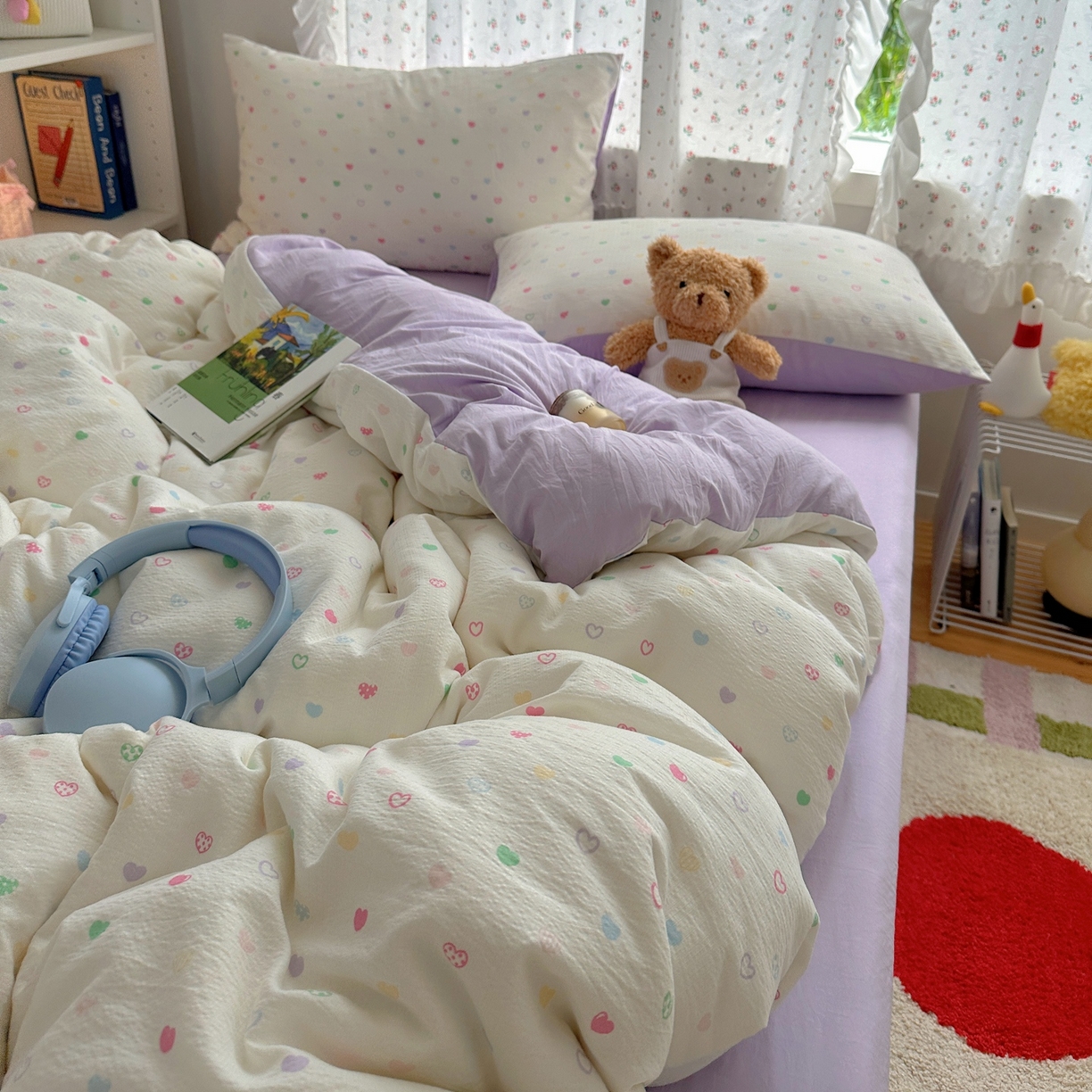 91家纺网 家纺一手货源 找家纺 顾里家纺 2025新款韩系奶萌云朵棉四件套 彩爱心