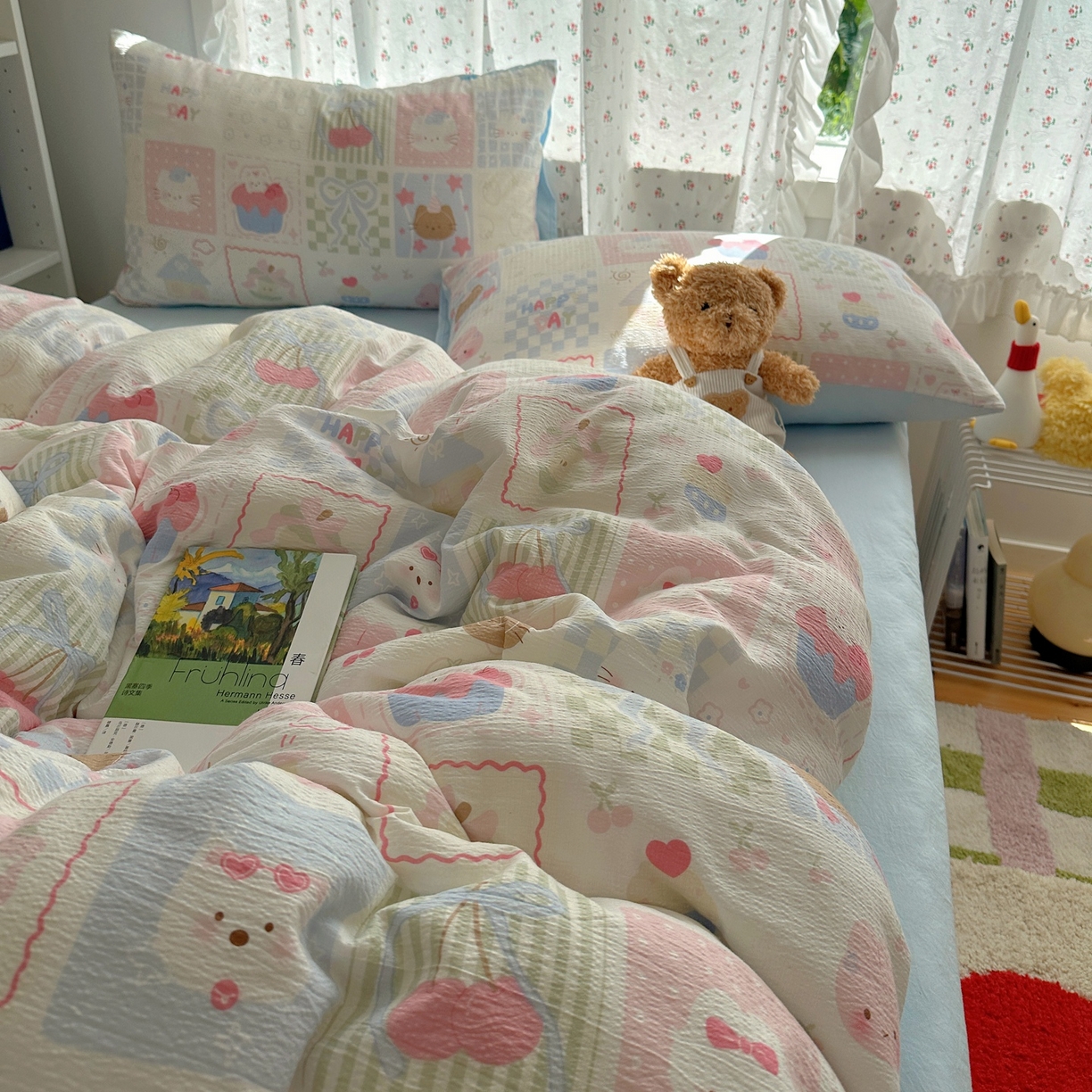 91家纺网 家纺一手货源 找家纺 顾里家纺 2025新款韩系奶萌云朵棉四件套 拼图好友