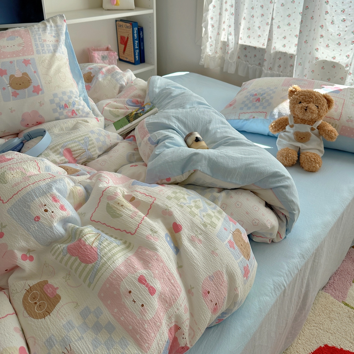 91家纺网 家纺一手货源 找家纺 顾里家纺 2025新款韩系奶萌云朵棉四件套 拼图好友