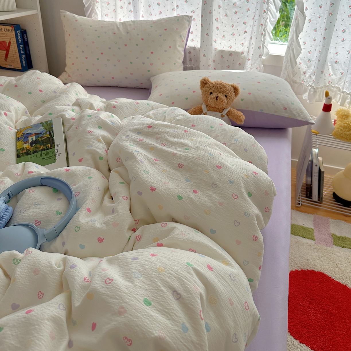 91家纺网 家纺一手货源 找家纺 顾里家纺 2025新款韩系奶萌云朵棉四件套 彩爱心