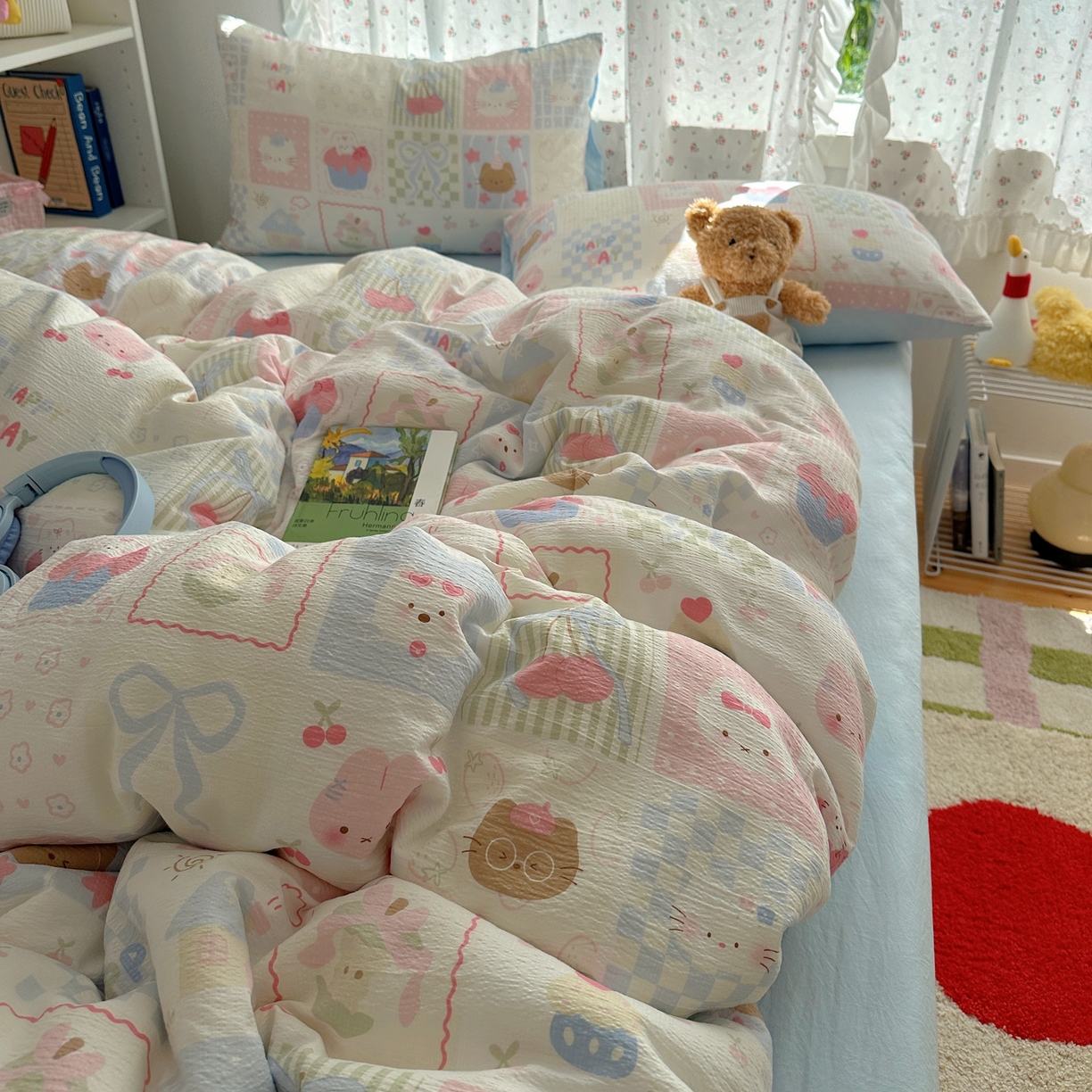 91家纺网 家纺一手货源 找家纺 顾里家纺 2025新款韩系奶萌云朵棉四件套 拼图好友