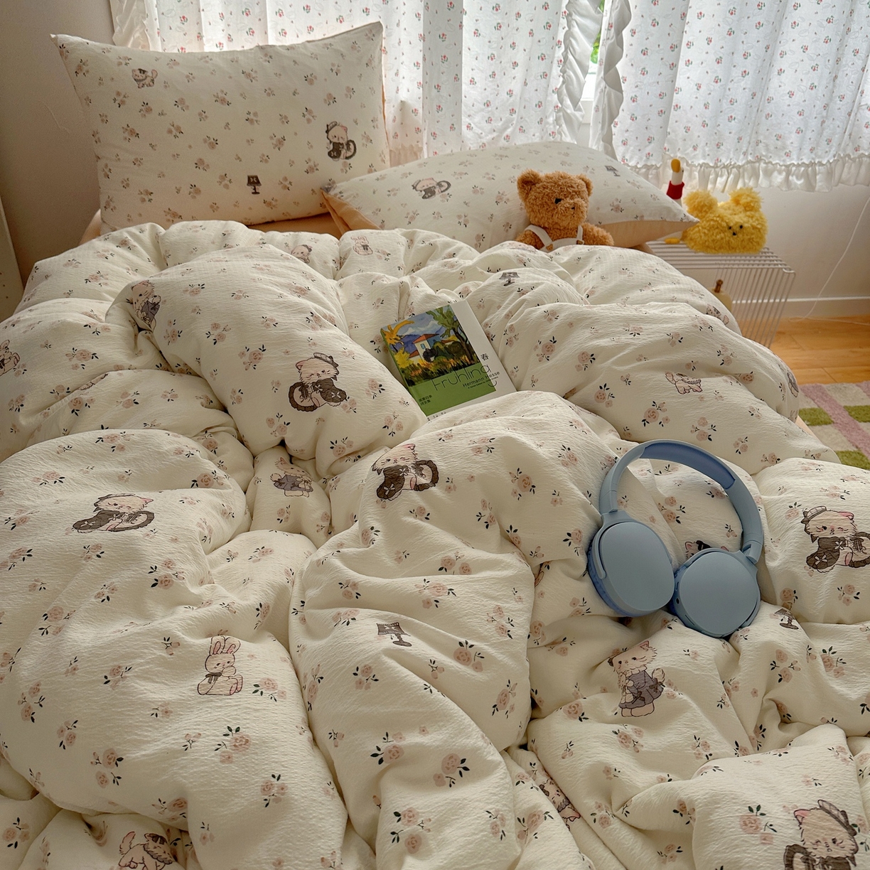 91家纺网 家纺一手货源 找家纺 顾里家纺 2025新款韩系奶萌云朵棉四件套 奶茶喵酱