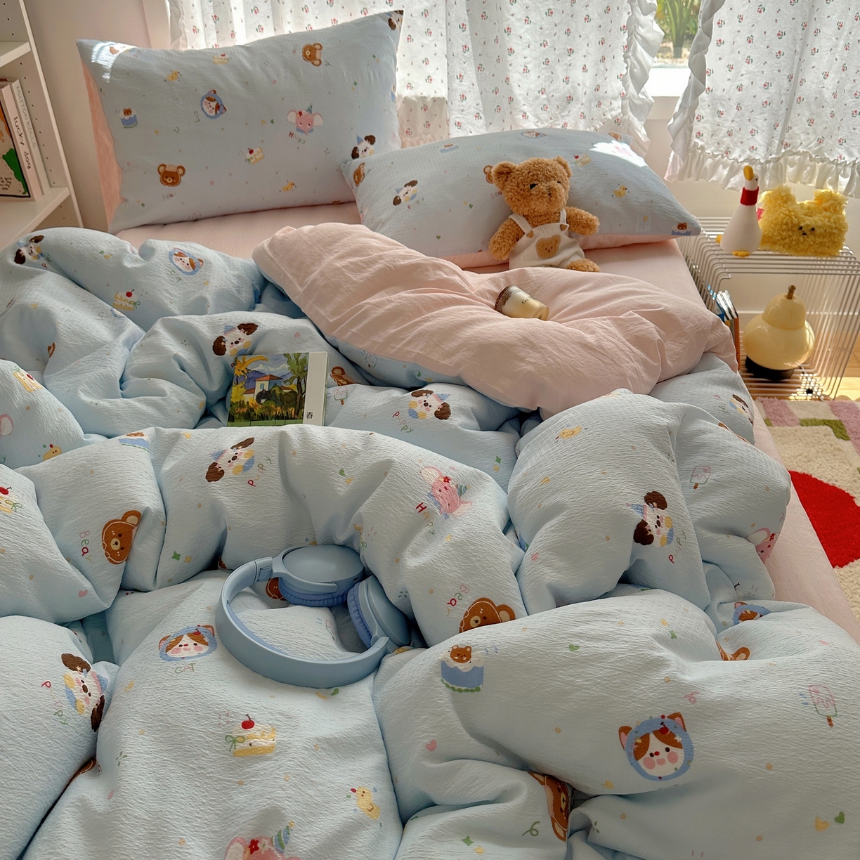 91家纺网 家纺一手货源 找家纺 顾里家纺 2025新款韩系奶萌云朵棉四件套 动物星球（蓝）