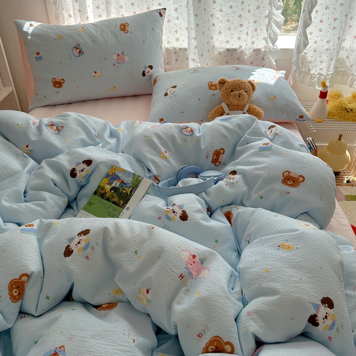 91家纺网 家纺一手货源 找家纺 顾里家纺 2025新款韩系奶萌云朵棉四件套 动物星球（蓝）