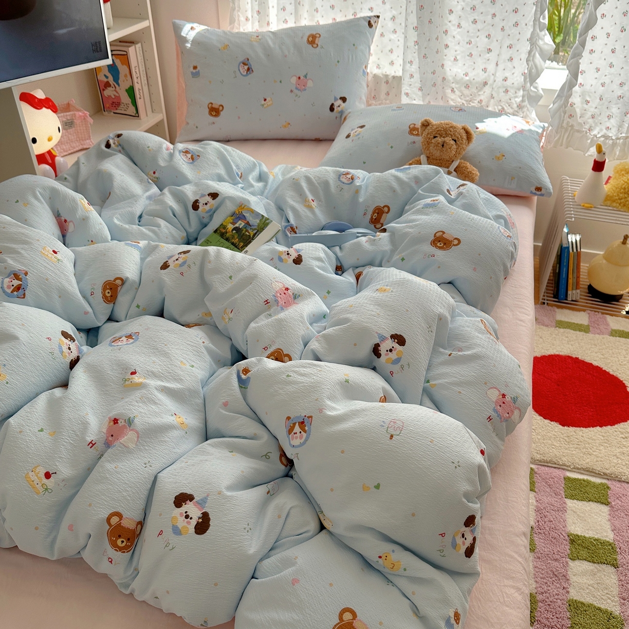 91家纺网 家纺一手货源 找家纺 顾里家纺 2025新款韩系奶萌云朵棉四件套 动物星球（蓝）