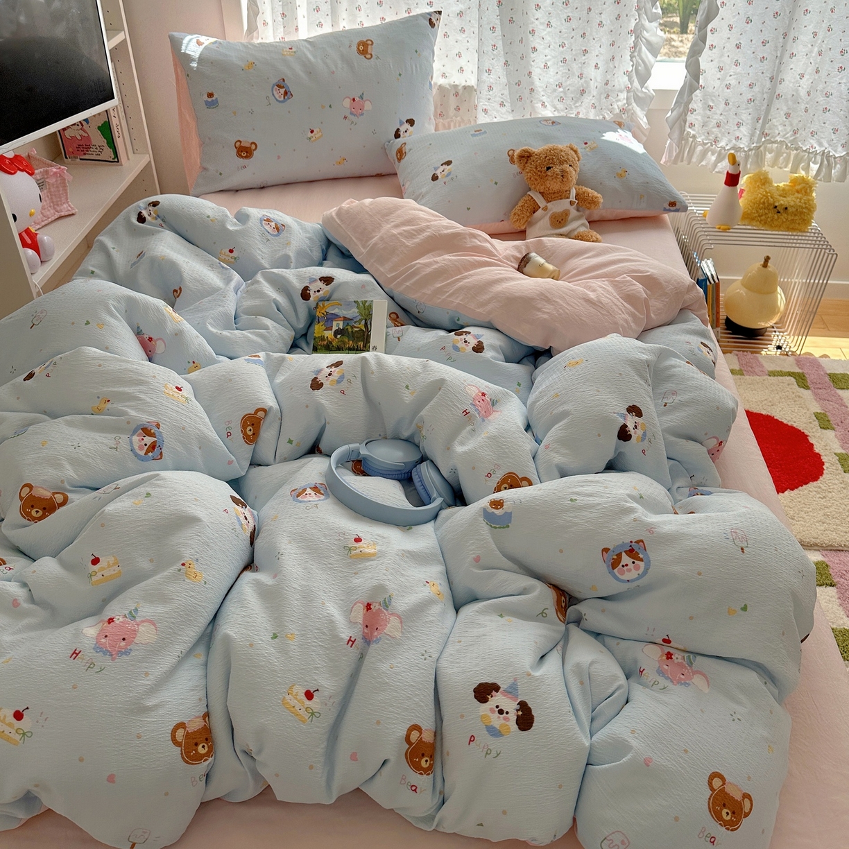 91家纺网 家纺一手货源 找家纺 顾里家纺 2025新款韩系奶萌云朵棉四件套 动物星球（蓝）