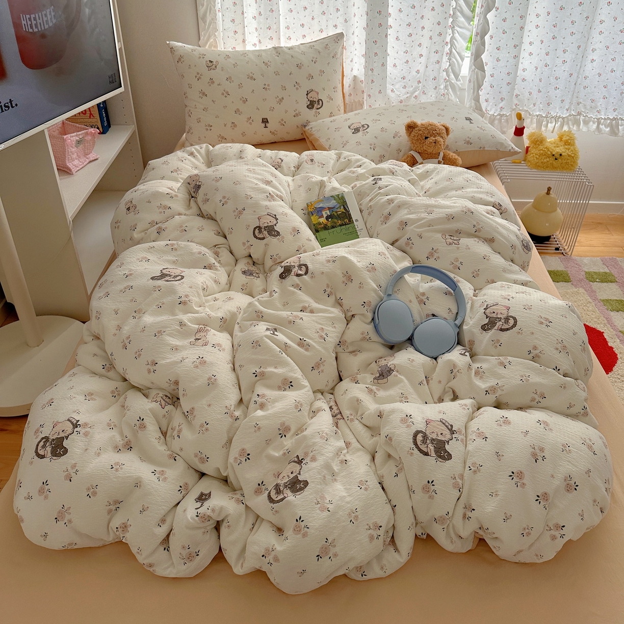 91家纺网 家纺一手货源 找家纺 顾里家纺 2025新款韩系奶萌云朵棉四件套 奶茶喵酱