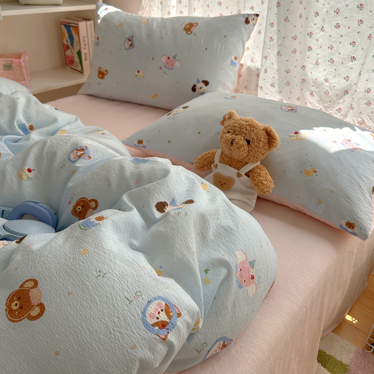 91家纺网 家纺一手货源 找家纺 顾里家纺 2025新款韩系奶萌云朵棉四件套 动物星球（蓝）