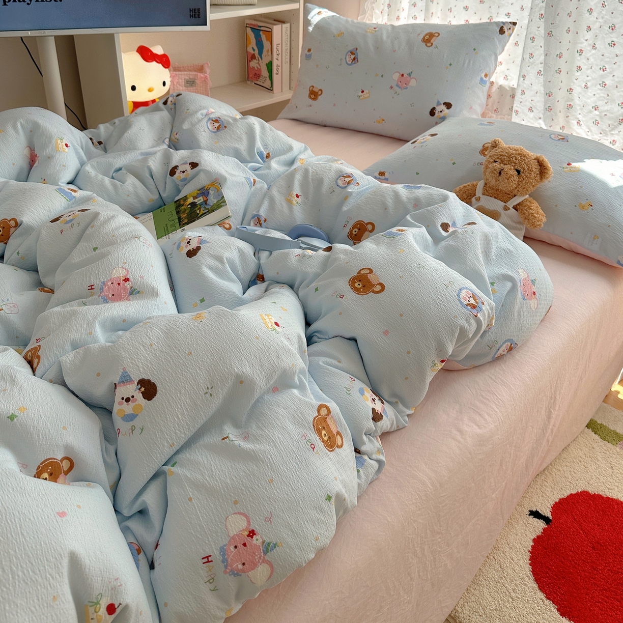 91家纺网 家纺一手货源 找家纺 顾里家纺 2025新款韩系奶萌云朵棉四件套 动物星球（蓝）