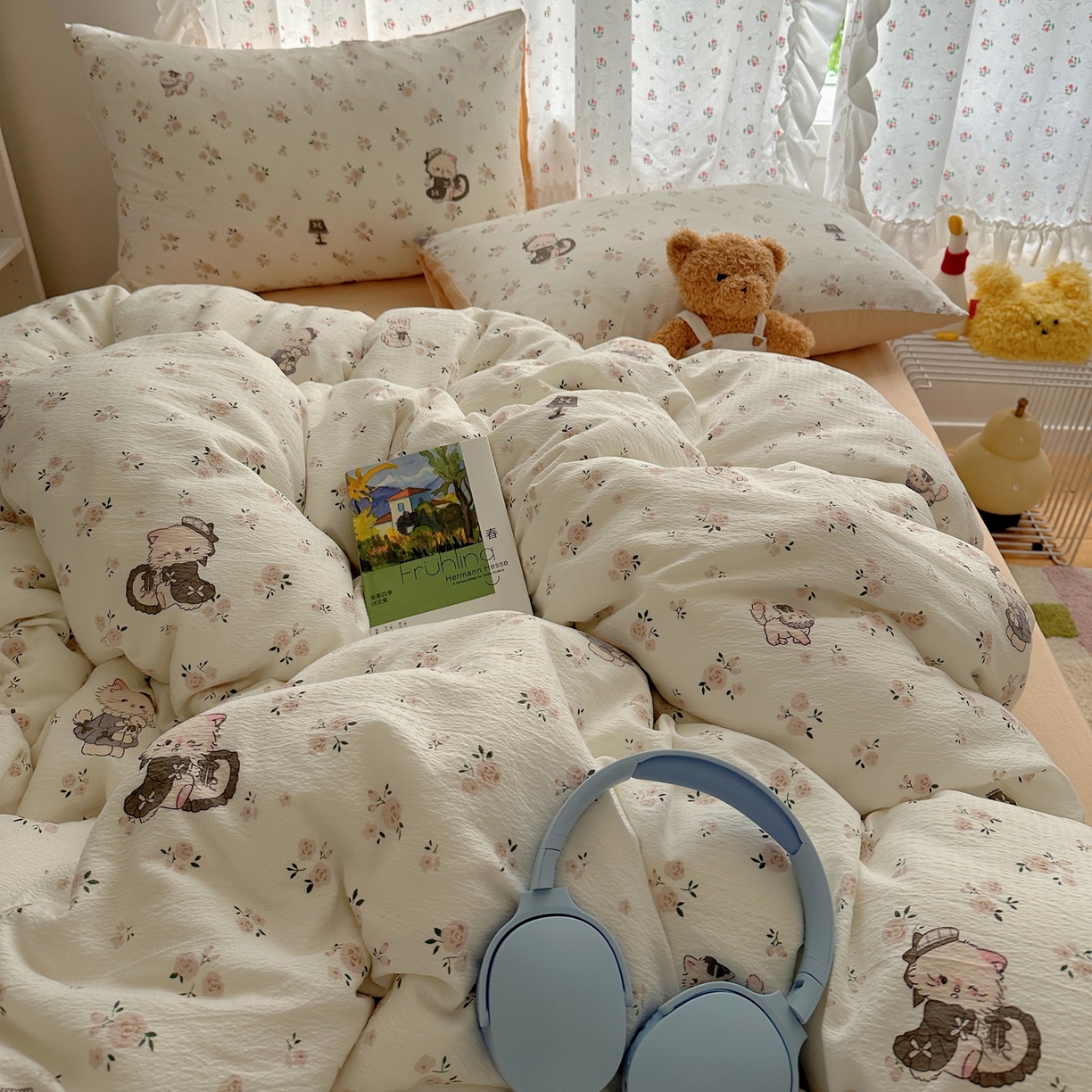 91家纺网 家纺一手货源 找家纺 顾里家纺 2025新款韩系奶萌云朵棉四件套 奶茶喵酱