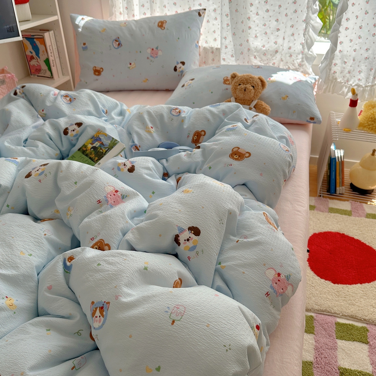 91家纺网 家纺一手货源 找家纺 顾里家纺 2025新款韩系奶萌云朵棉四件套 动物星球（蓝）