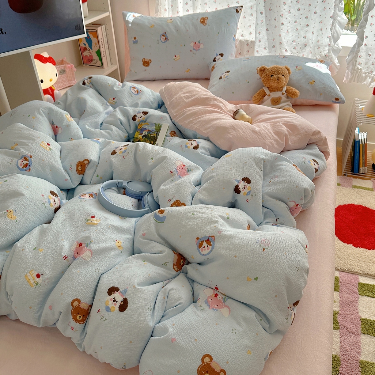 91家纺网 家纺一手货源 找家纺 顾里家纺 2025新款韩系奶萌云朵棉四件套 动物星球（蓝）