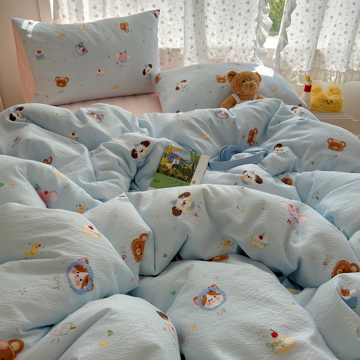 91家纺网 家纺一手货源 找家纺 顾里家纺 2025新款韩系奶萌云朵棉四件套 动物星球（蓝）