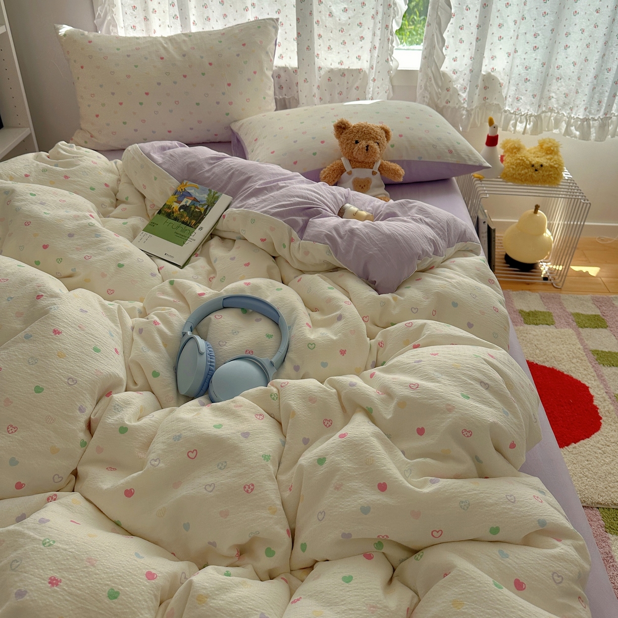 91家纺网 家纺一手货源 找家纺 顾里家纺 2025新款韩系奶萌云朵棉四件套 彩爱心