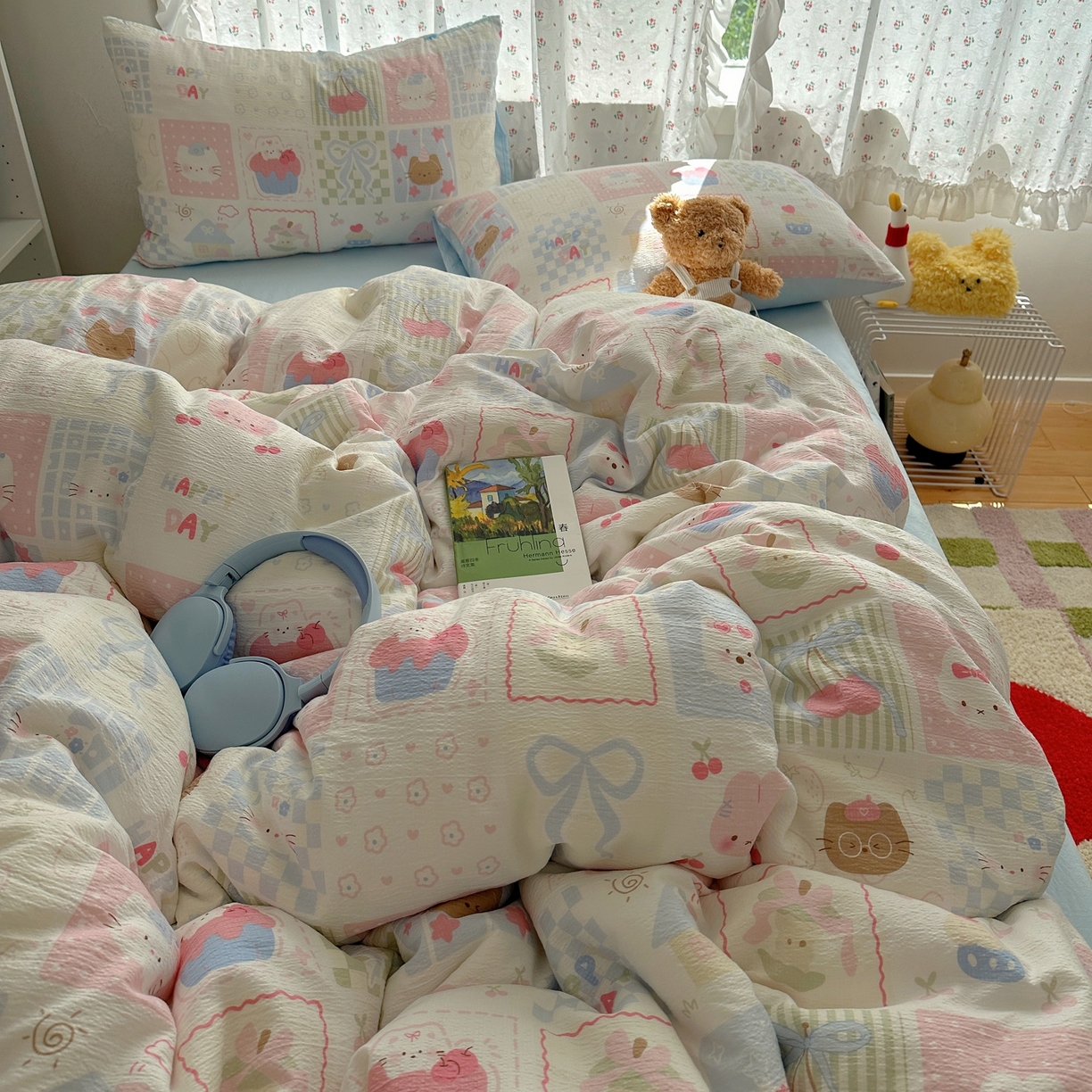 91家纺网 家纺一手货源 找家纺 顾里家纺 2025新款韩系奶萌云朵棉四件套 拼图好友