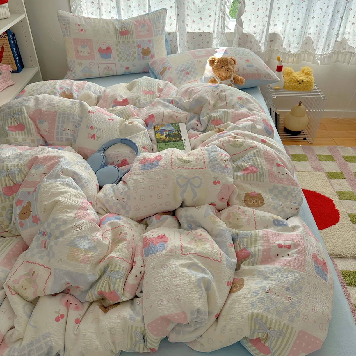 91家纺网 家纺一手货源 找家纺 顾里家纺 2025新款韩系奶萌云朵棉四件套 拼图好友