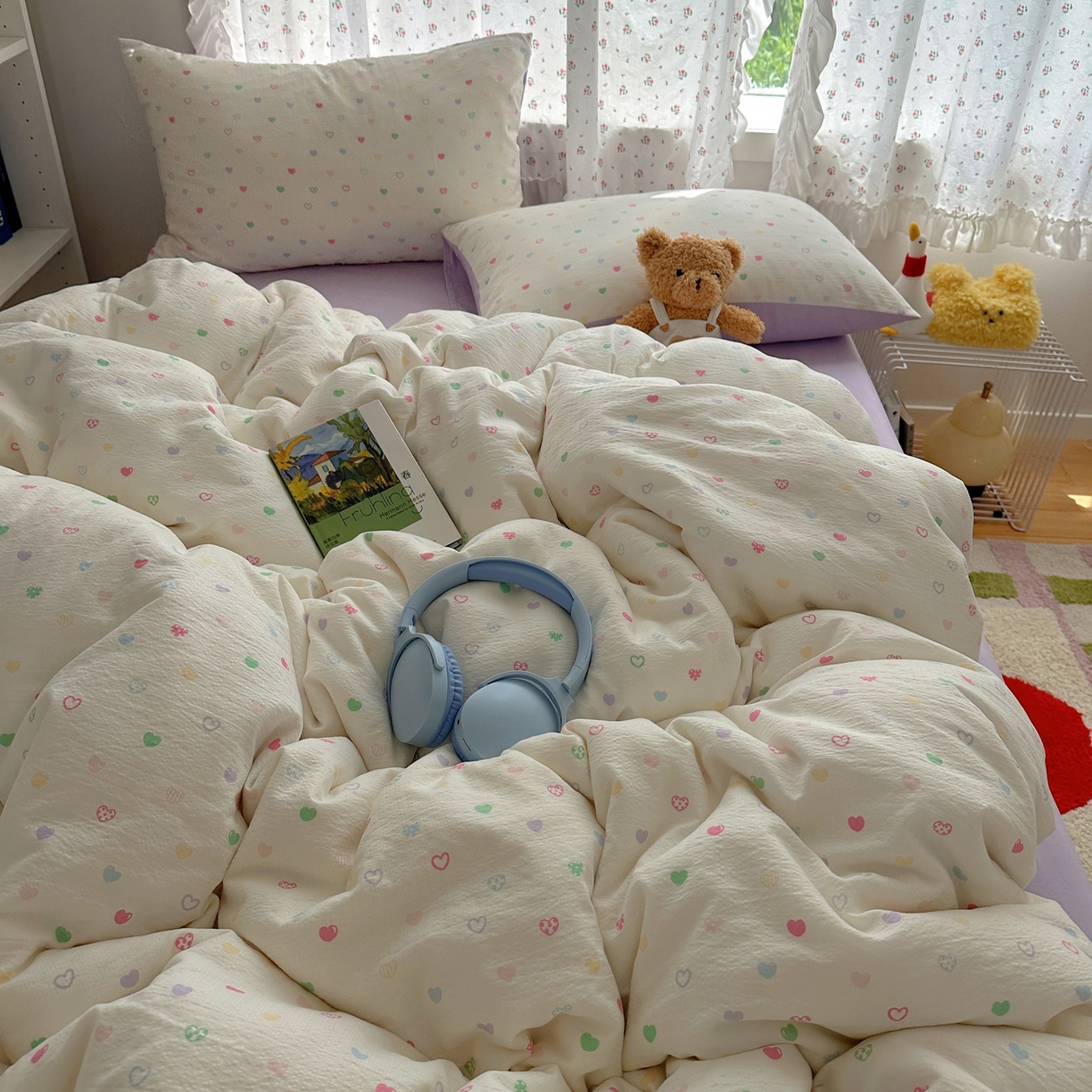 91家纺网 家纺一手货源 找家纺 顾里家纺 2025新款韩系奶萌云朵棉四件套 彩爱心