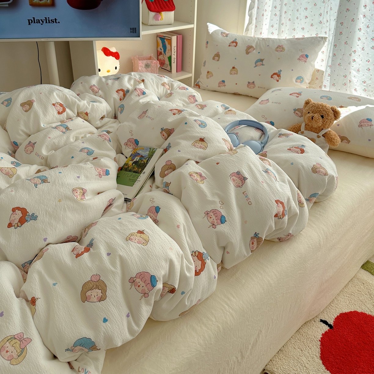 91家纺网 家纺一手货源 找家纺 顾里家纺 2025新款韩系奶萌云朵棉四件套 幼稚园