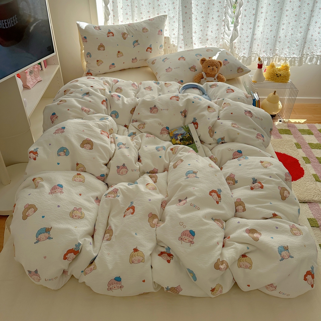 91家纺网 家纺一手货源 找家纺 顾里家纺 2025新款韩系奶萌云朵棉四件套 幼稚园