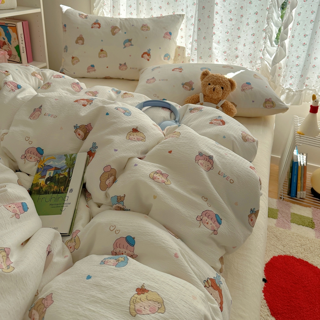 91家纺网 家纺一手货源 找家纺 顾里家纺 2025新款韩系奶萌云朵棉四件套 幼稚园