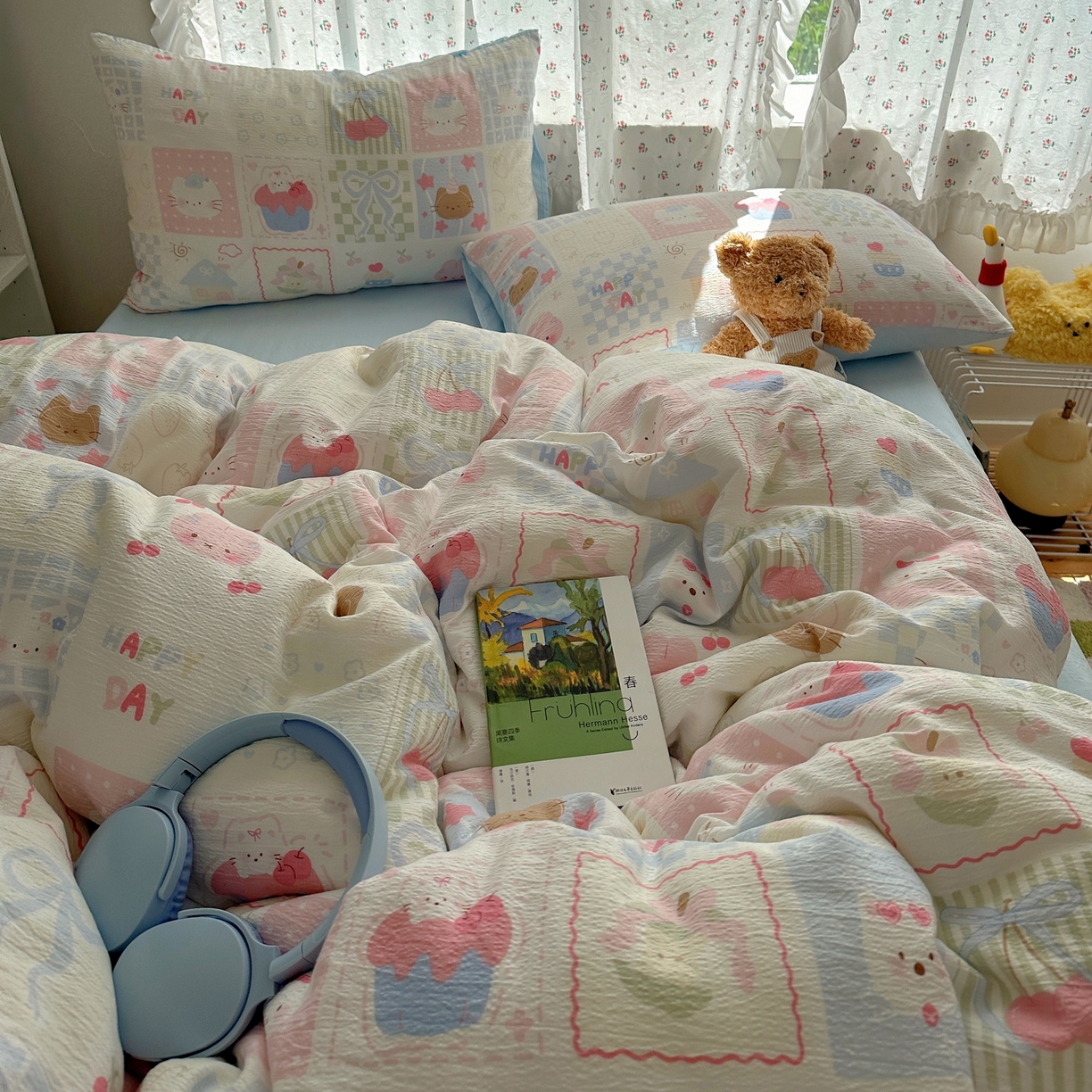 91家纺网 家纺一手货源 找家纺 顾里家纺 2025新款韩系奶萌云朵棉四件套 拼图好友