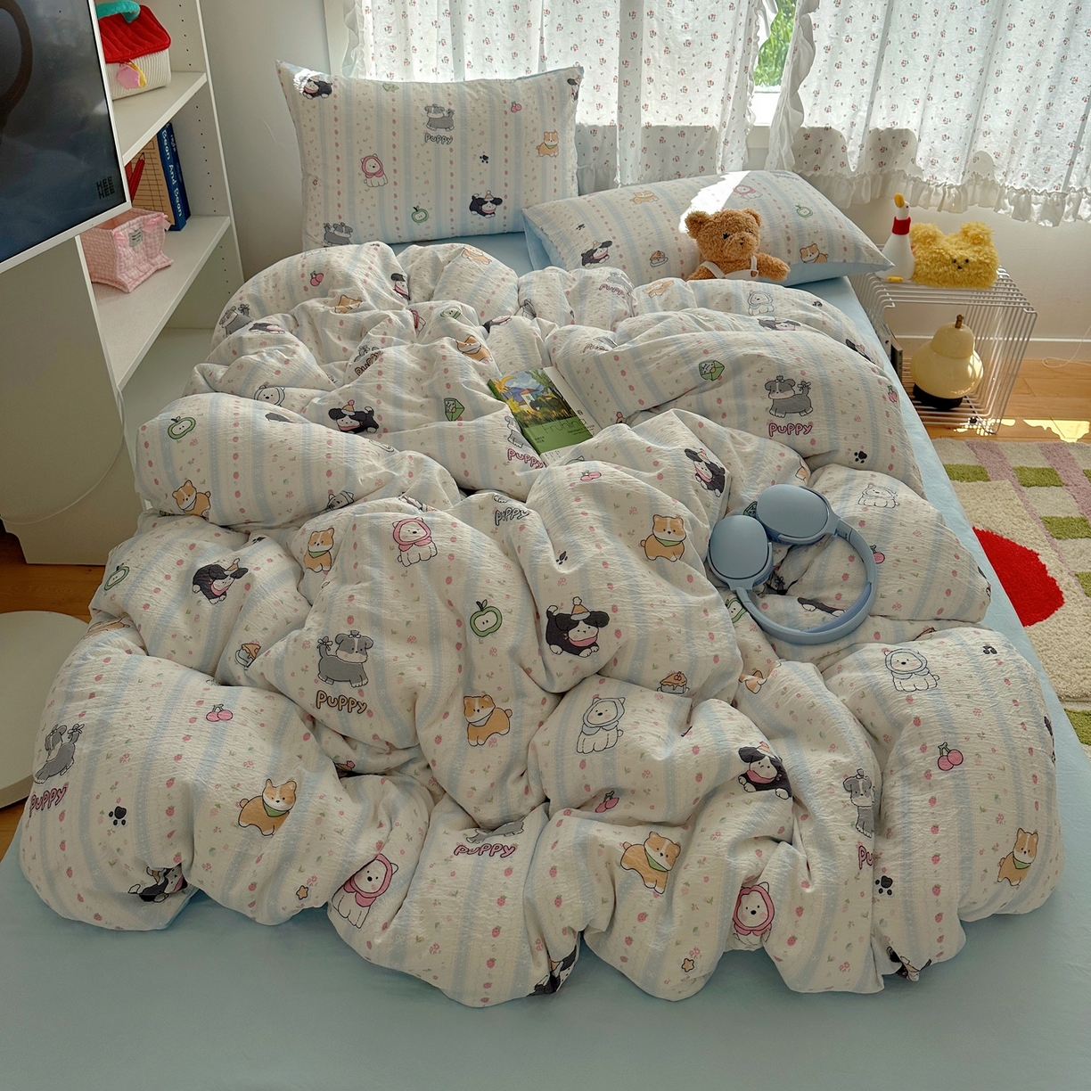 91家纺网 家纺一手货源 找家纺 顾里家纺 2025新款韩系奶萌云朵棉四件套 奶芙狗狗