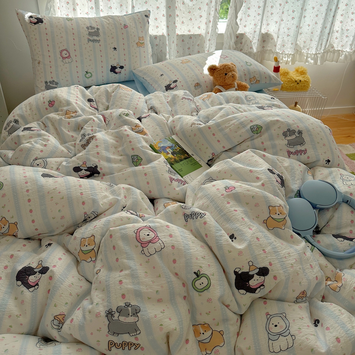 91家纺网 家纺一手货源 找家纺 顾里家纺 2025新款韩系奶萌云朵棉四件套 奶芙狗狗