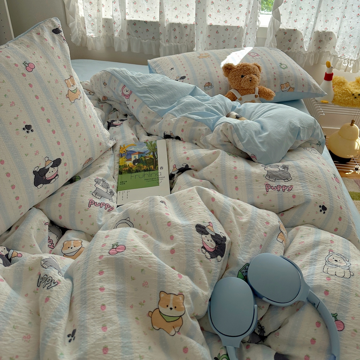 91家纺网 家纺一手货源 找家纺 顾里家纺 2025新款韩系奶萌云朵棉四件套 奶芙狗狗