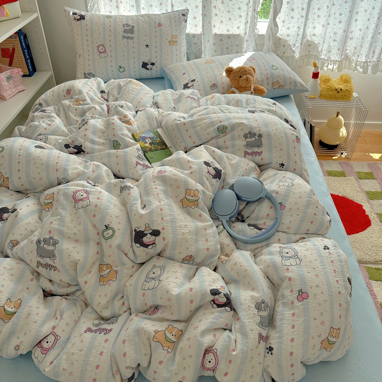 91家纺网 家纺一手货源 找家纺 顾里家纺 2025新款韩系奶萌云朵棉四件套 奶芙狗狗