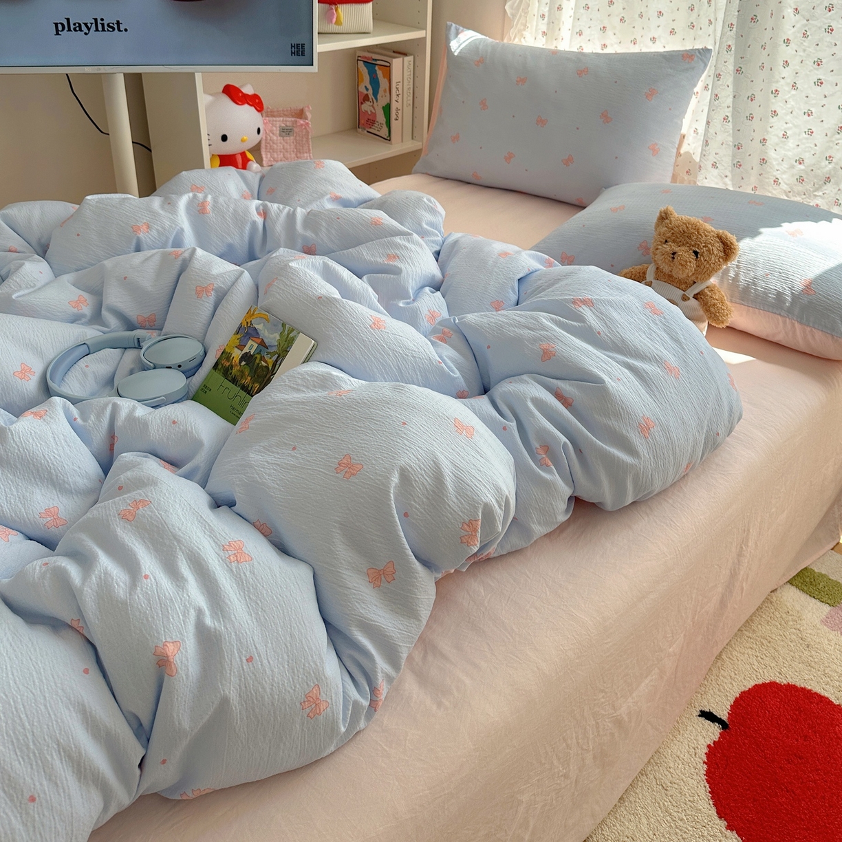 91家纺网 家纺一手货源 找家纺 顾里家纺 2025新款韩系奶萌云朵棉四件套 少女结